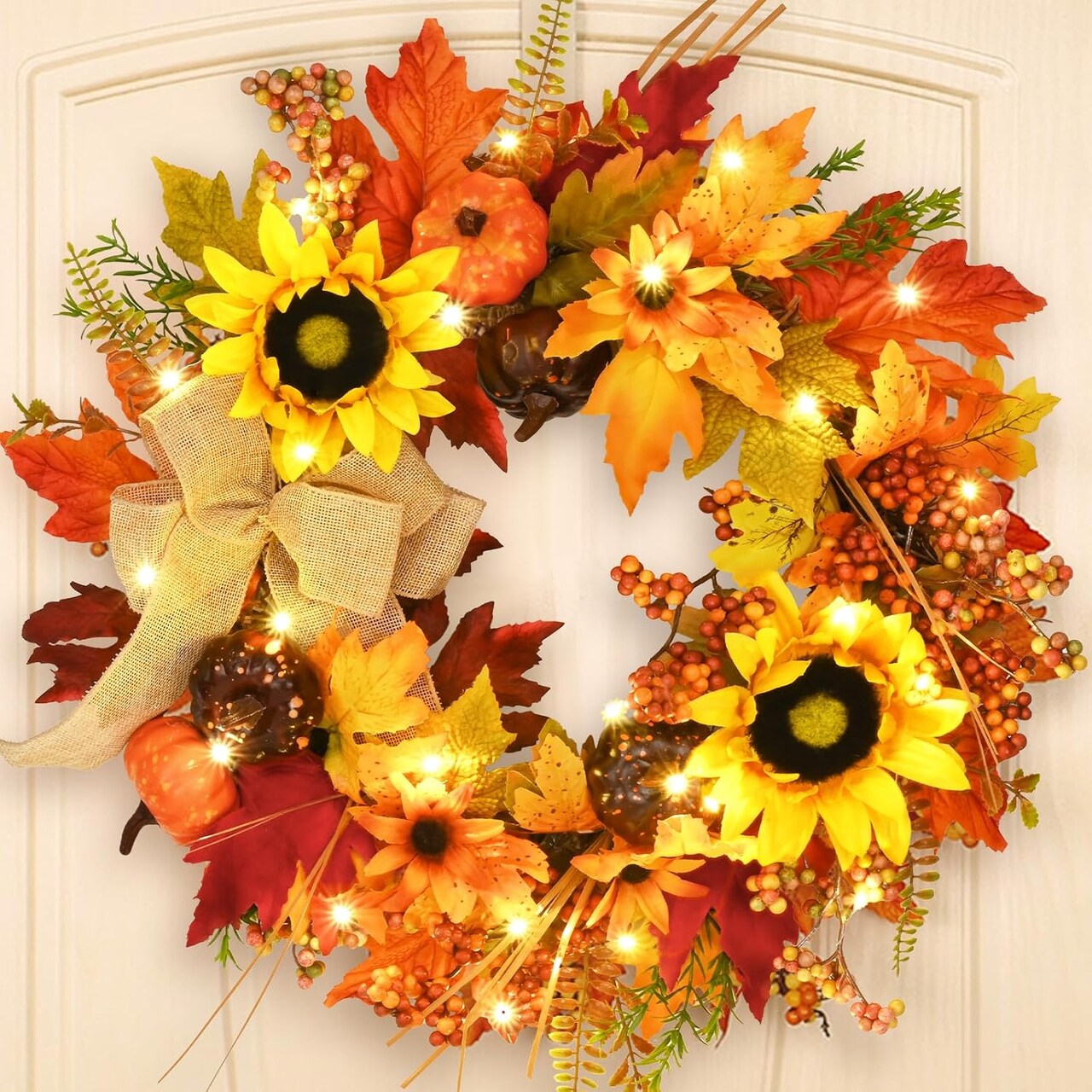Artificial Autumn Wreath with Lights Maple Leaf Sunflower Wreath Pumpkins, Berries and Burlap Bow for Thanksgiving Home Indoor Outdoor Decoration